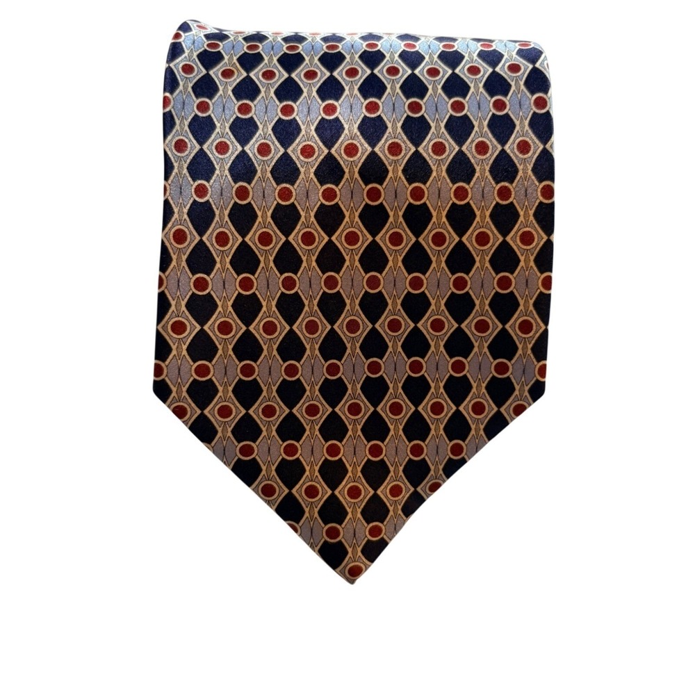 Cauvery Silk Necktie Men One Size Navy Blue Red Geometric Medallion Business Tie